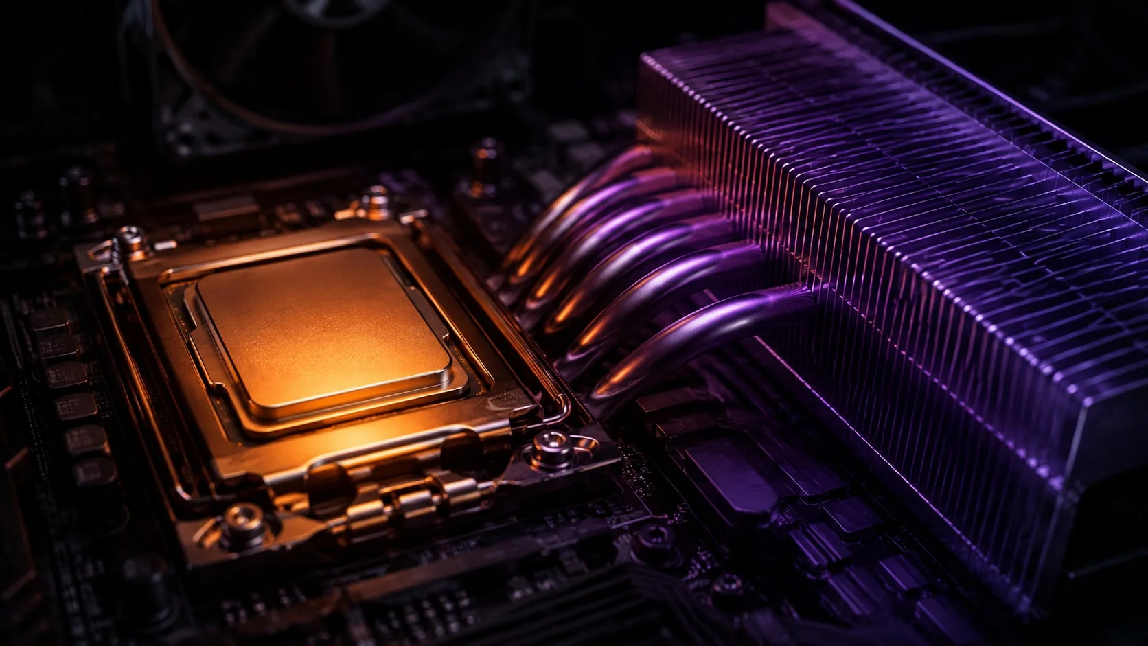 Zbliżenie na procesor i radiator w pomarańczowo-fioletowej poświacie — inference na CPU to najcięższa praca, jaką ten układ kiedykolwiek wykonywał